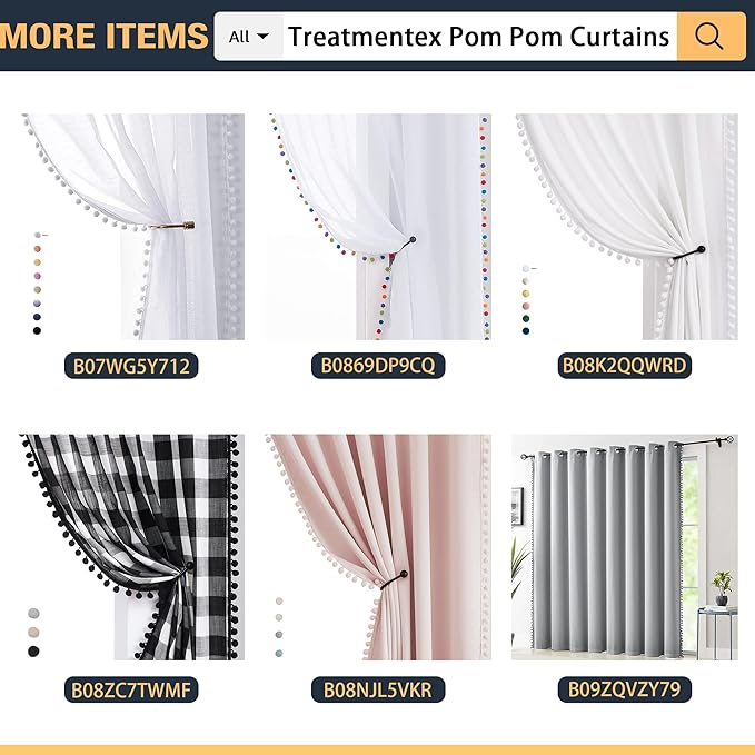 Treatmentex Sheer White Curtains with Black Pom Pom Curtains 84" Long Linen Textured Look Decorative Window Drapes Navy 52" w 1Pair