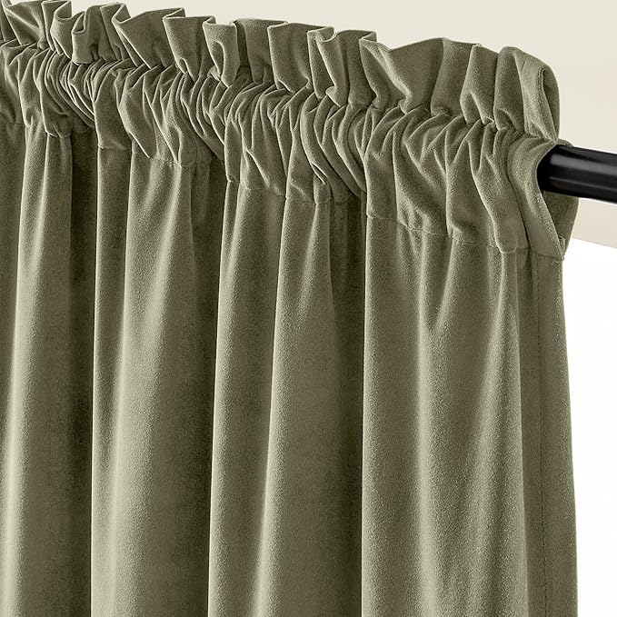 Lazzzy Velvet Blackout Curtains Thermal Insulated Room Window Drapes Super Soft Luxury Curtains for Living Room Bedroom Rod Pocket 2 Panels, Olive Sage, 52" W x 84" L