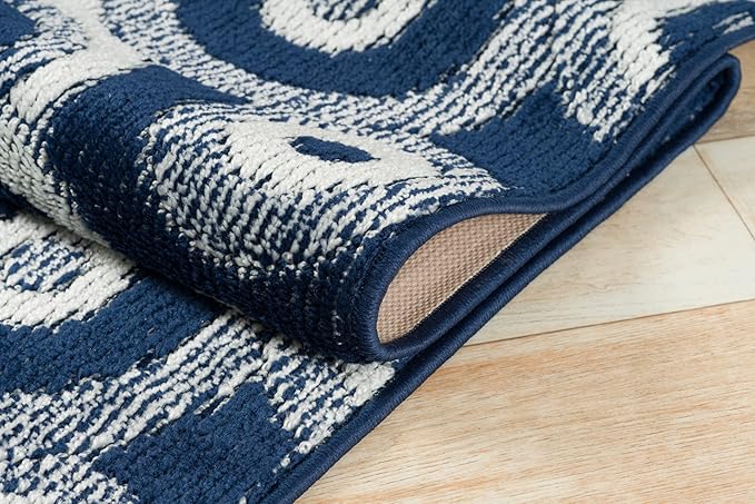 Custom Length Cut to Size Retro Modern Coastal Carpet Runner Rug for Hallways, Non Slip Rubber Backed, 31 inch Wide X Customized Length, Geo Blue, 31 inch X 7 feet