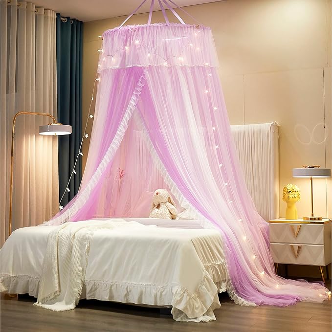 VETHIN Princess Bed Canopy for Girls,Bed Canopy Curtain- Double Layer Sheer Mesh Dome Bed Curtain- Round Lace Princess Mosquito Net Tent with led Stars String Lights(Purple/White)