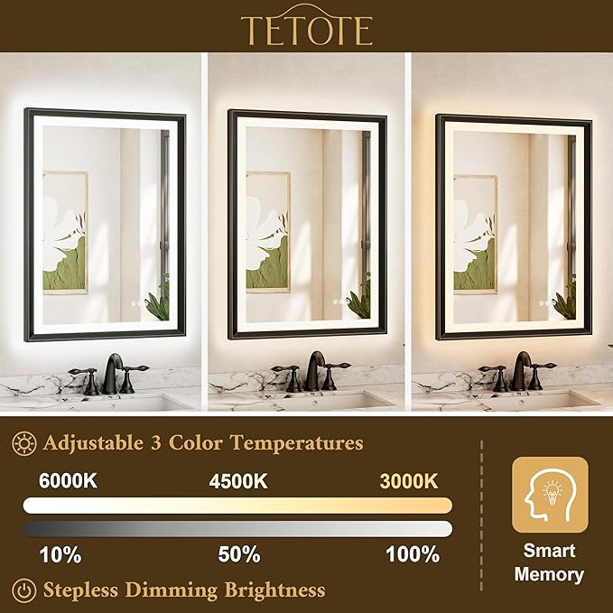 TETOTE 28x36 LED Mirror for Bathroom Black Metal Frame Frontlit & Backlit Lighted Vanity Mirror Baroque Gothic Anti Fog Stepless Dimmable White/Warm/Natural,CRI90+,Waterproof(Horizontal/Vertical)