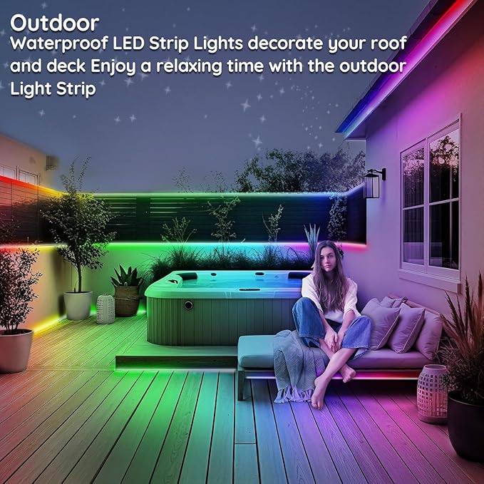 200ft Outdoor LED Strip Lights Waterproof,IP68 Outside Led Light Strips Waterproof with App and Remote,Music Sync RGB Exterior Led Rope Lights with Self Adhesive Back for Roof,Deck