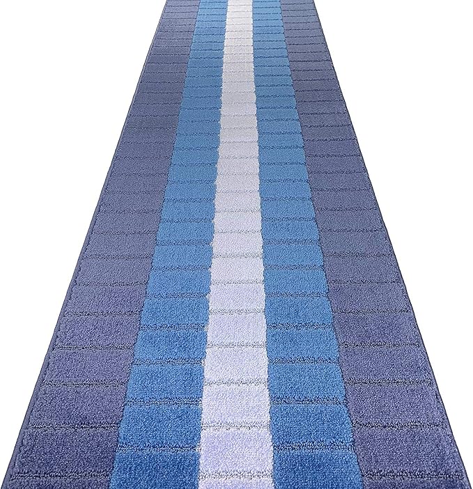 Custom Size Coastal Nautical Style Runner Rug Carpet for Hallway Entryway, Slip Resistant Latex Rubber Backed, 31 inch Wide X Customized Length, Squares Blue, 31 inch X 16 feet