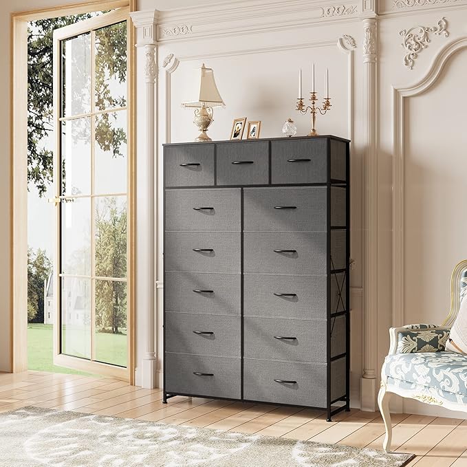 WLIVE Storage Organizer Unit with 13 Fabric Bins, Storage Drawers Organizer with Steel Frame, Tall Storage Tower Organizaton for Living Room, Hallway, Office, Dark Grey