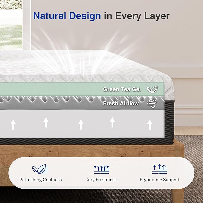 10 Inch Green Tea Memory Foam Mattress, Full Size Mattress in a Box, Gel Infused Foam for Pressure Relief and Cool Sleep, CertiPUR-US Certified, Medium Firm