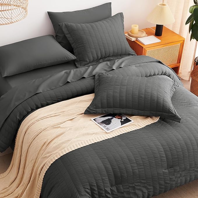 CozyLux Oversized King Comforter Set Dark Grey Seersucker 7 Pieces 120x98 Bed in a Bag Comforter Set with Sheets, Luxury Soft Bedding Sets with Down Alternative Comforter, Sheets, Pillowcases & Shams