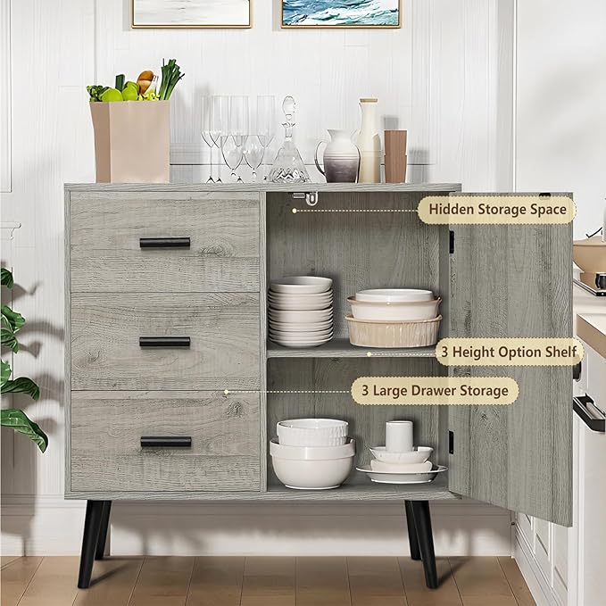 Iwell Storage Cabinet with 3 Drawers & Adjustable Shelf, Sideboard Buffet Cabinet, Small Freestanding Floor Storage Unit, for Living Room, Home Office, Rustic Grey
