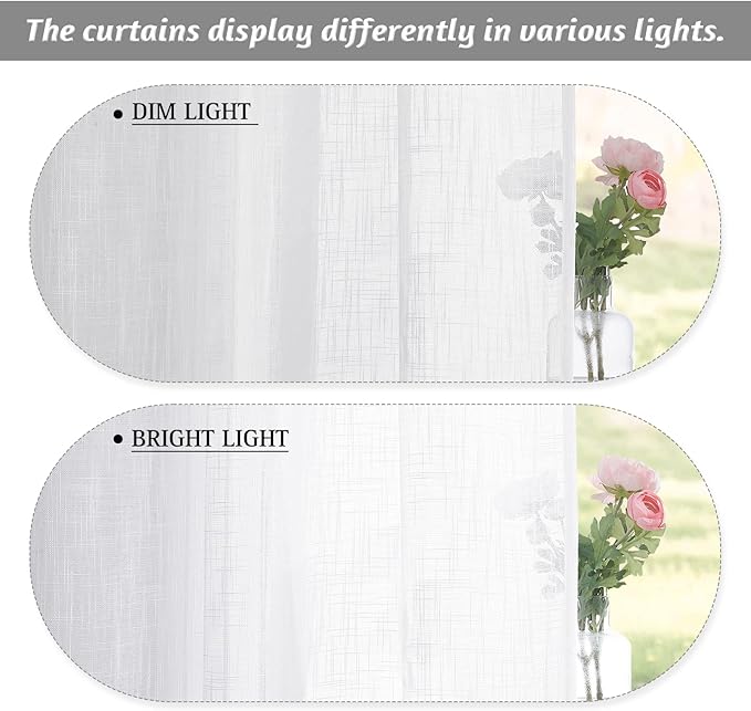 RYB HOME White Semi Sheer Curtains 84 inches Long - Living Room Curtains for Half Privacy, Linen Textured Sheer Light Filtering Vertical Window Drapes for Bedroom Dining, Width 52 inch, 2 Panels