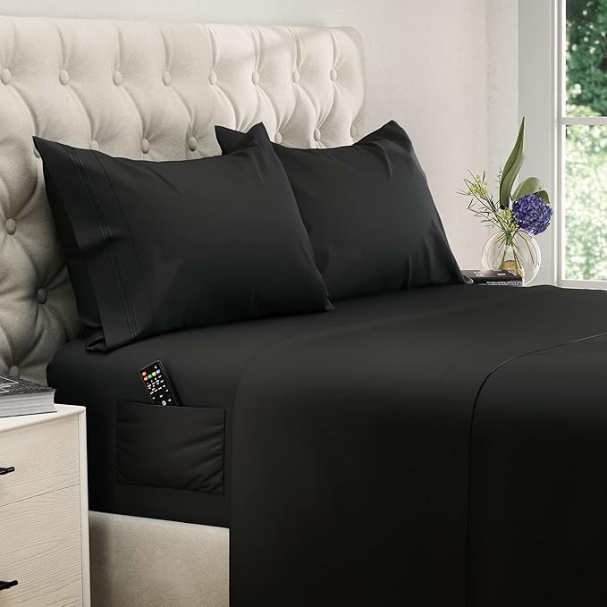 DREAMCARE Full Size Sheets – 4 pcs Cooling Sheets – up to 21” Deep Full Sheet Set – Hotel Luxury Sheets & Pillowcases – Superior Softness 100% Fine Microfiber with Side Pocket – Black