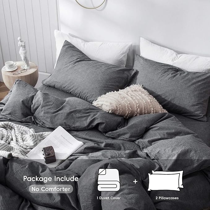 MooMee Bedding Duvet Cover Set 100% Washed Cotton Linen Like Textured Breathable Durable Soft Comfy (Heathered Dark Grey, Oversized Queen 98"x98")