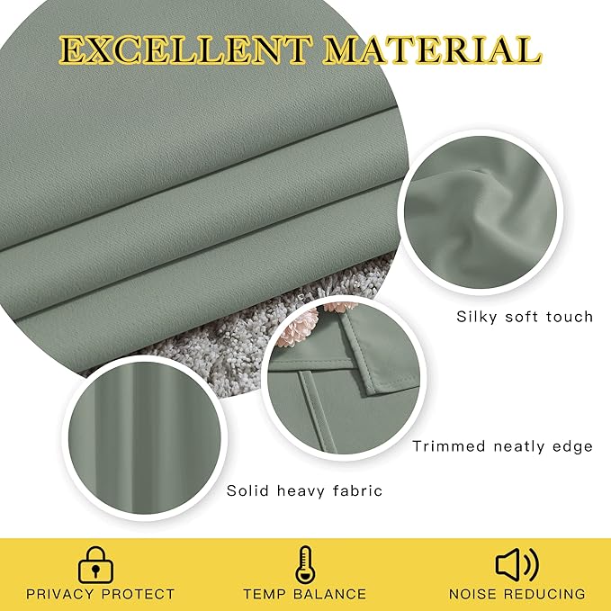 NICETOWN Blackout Sage Green Curtains & Drapes for Living Room - Thermal Insulated Solid Grommet Sound Reducing Room Darkening Window Treatments for Bedroom/French Door (2 Panels, W66 x L84)