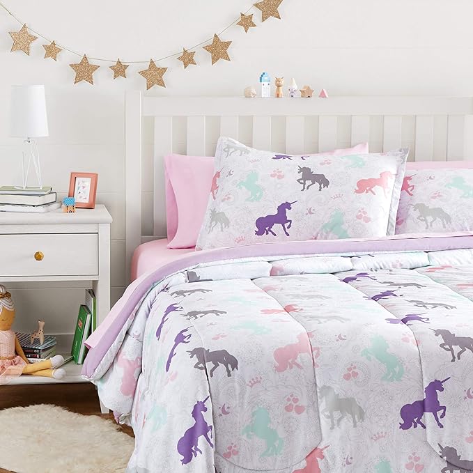 Amazon Basics Soft, Comfortable Kid's Microfiber Bed-in-a-Bag 7-Piece Bedding Set, Full/Queen, Solid & Printed, Purple Unicorns