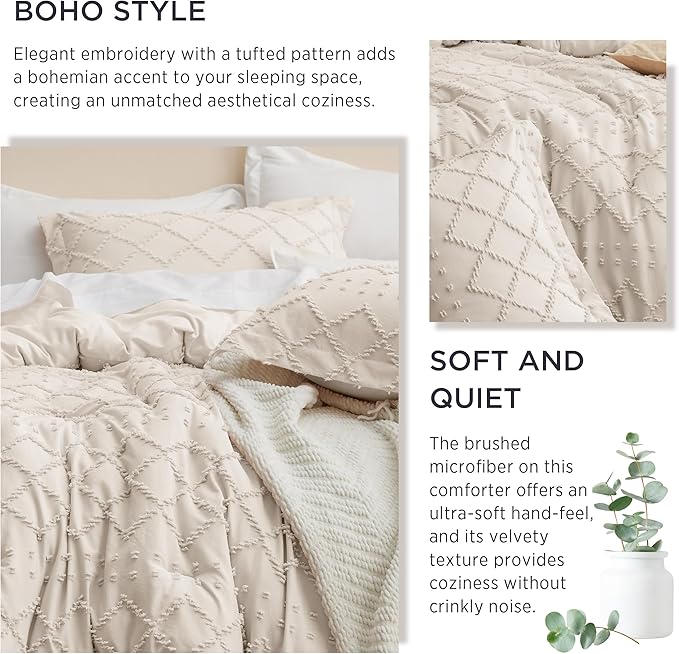 Bedsure Oversized Queen Comforter Set - Beige Comforter, Boho Tufted Shabby Chic Bedding for Kids, 3 Pieces Vintage Farmhouse Bed Set for All Seasons, Fluffy Soft Bedding with 2 Pillow Shams