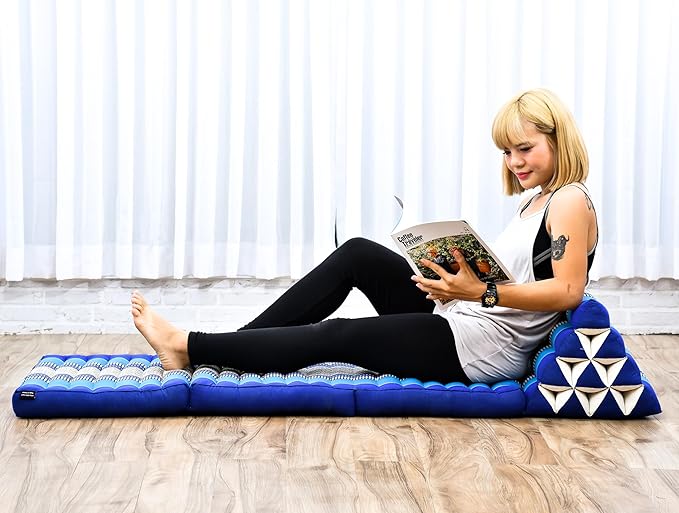Leewadee - Comfortable Japanese Floor Mattress Used As Thai Floor Bed with Triangle Cushion, Futon Mattress Or Thai Massage Mat, 67 x 21 inches, Blue