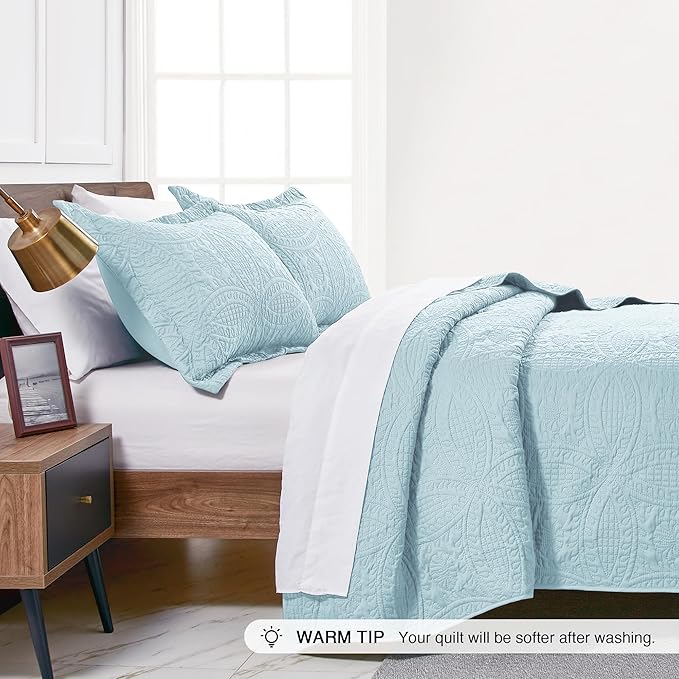 Love's cabin Quilts for Queen Bed Spa-Blue Bedspreads - Soft Bed Summer Lightweight Bedspread Comforter - Modern Style Coin Pattern Coverlet for All Season - 3 Pieces (1 Quilt, 2 Pillow Shams)
