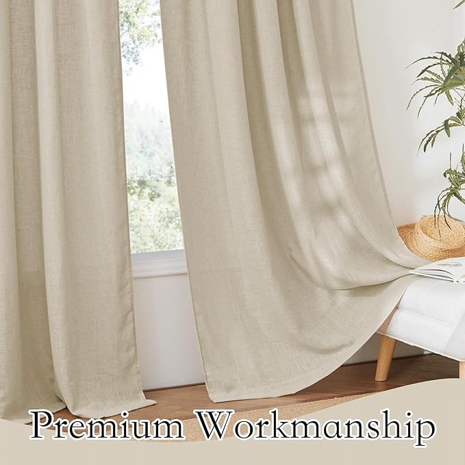 RYB HOME Linen Textured Semi Sheer Curtains Half Privacy Light Glare Filtering Breezy Airy Window Decor for Bedroom Bathroom Living Room, Beige, W 34 x L 63 inch, 2 Panels