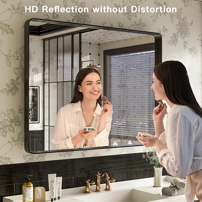 ISKM Black Bathroom Mirror for Wall 44" x 32" Matte Black Framed Vanity Mirror, Shatter-Proof, Tempered Glass, Rounded Rectangle Mirror(Horizontal/Vertical)