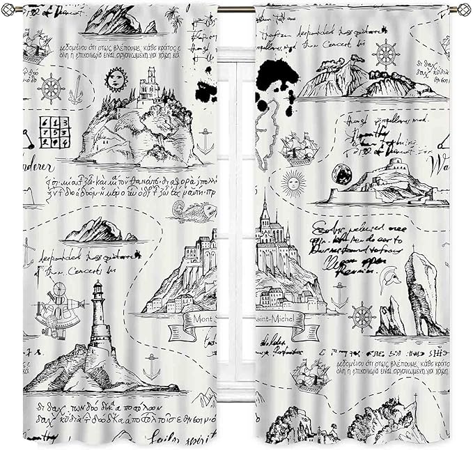 Vintage Nautical Curtains, Marine Coastal Sailboat Compass Anchor Ocean Beach Old Pirate Map Retro Window Drapery Treatments for Bedroom Living Room Kitchen Bathroom 2 Panels, 42"x54" Inch