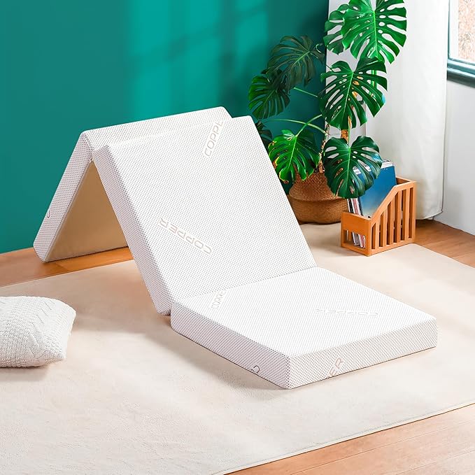 Olee Sleep Tri-Folding Antibacterial Memory Foam Mattress Topper, 4 Inch Copper Bamboo Gel Folding Mattress, Washable Cover, CertiPUR-US Certified, Soft, White, Single Size