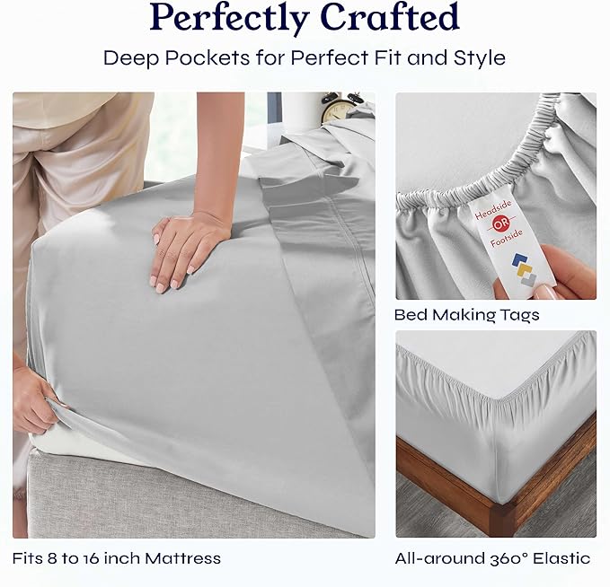 California Design Den 6-Pc King Size Sheet Set with 4 Pillowcases - Soft 400 Thread Count 100% Cotton Sheets, Cooling Sateen Weave, Luxury Deep Pocket Bedsheets Set - Light Grey