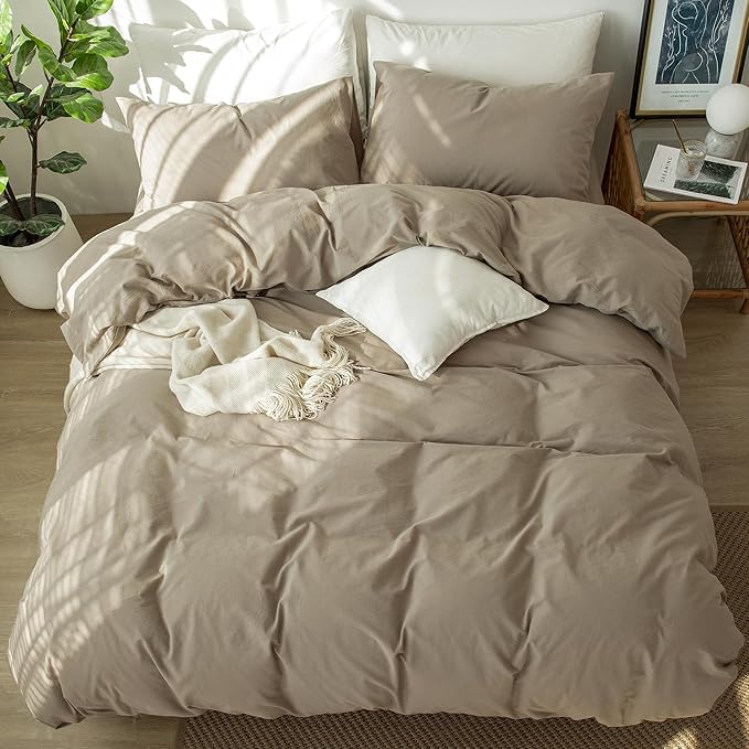 MooMee Bedding Duvet Cover Set 100% Washed Cotton Linen Like Textured Breathable Durable Soft Comfy (Solid Light Camel, Alaska King 132"x120")