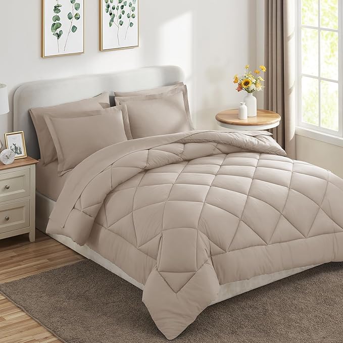 CozyLux Full Size Comforter Sets Linen - 7 Pieces Bed in a Bag Full, Luxury Soft Bed Set for All Seasons, Bedding Set with Down Alternative Comforter, Sheets, Pillowcases & Shams
