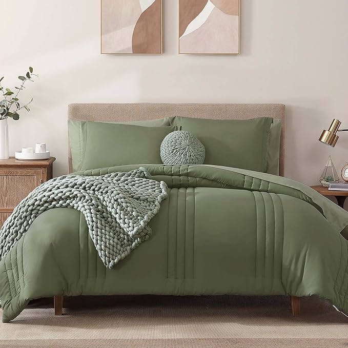 Monbix Full Comforter Set - 7 Pieces Light Sage Green Bed in a Bag Full Size Bedding Sets with Comforters, All Seasons Down Alternative Comforter with Sheets,Pillowcases & Shams