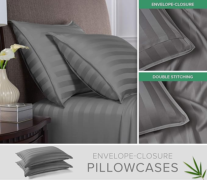 Full Sheets by Pure Bamboo, Genuine 100% Organic Viscose Derived from Bamboo Bed Sheet Set, Luxuriously Soft & Cooling, Double Stitching, Lifetime Quality Promise (Full, Jacquard Stone)