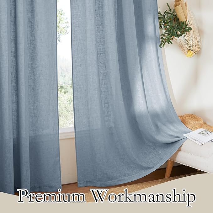 RYB HOME Linen Curtains 120 inches Long, Extra Long Floor Sweeping Semi Sheer Curtains Light Filtering Privacy Linen Blend Drapes for Sliding Glass Door Living Room, 52" inches Wide, Dusty Blue