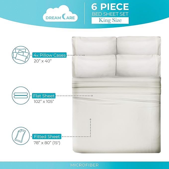 DREAMCARE King Size Sheets Set – 6 pcs Cooling Bed Sheets – up to 15” Deep Pocket King Sheet Set – 2500 Supreme Collection – Extra Soft 100% Brushed Microfiber Hotel Luxury with Side Pocket – Ivory