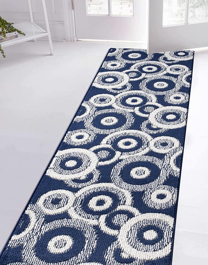 Custom Length Cut to Size Retro Modern Coastal Carpet Runner Rug for Hallways, Non Slip Rubber Backed, 31 inch Wide X Customized Length, Geo Blue, 31 inch X 20 feet