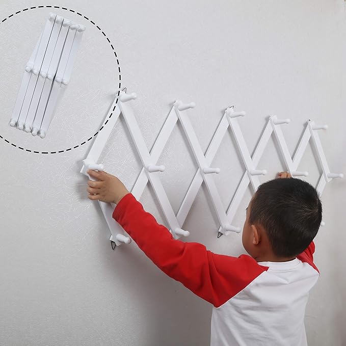 WEBI Accordion Wall Hanger,Expandable Wooden Coat Rack,Accordion Hat Rack for Wall for Hats,Caps,16 Peg Hooks,White,2 Packs