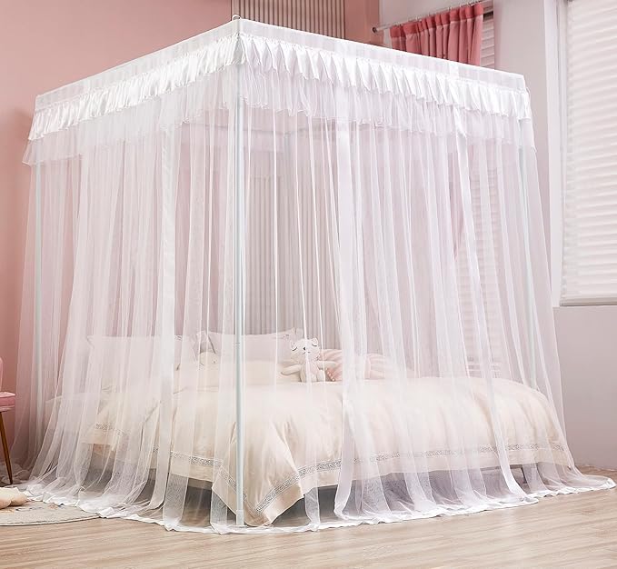 Mengersi 4 Corners Post Canopy Bed Curtains for Girls Kids Adults Queen Size- Cute Cozy Drape Square Netting - 4 Opening Mosquito Net - Princess Bedroom Decoration Gift