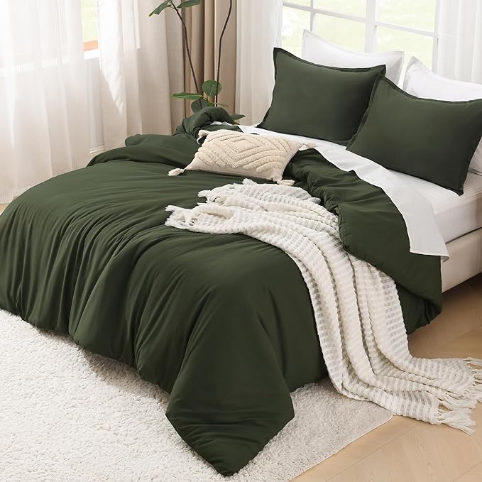 Litanika Dark Olive Green Comforter Set King, 3 Pieces Solid Bedding Comforter Set, All Season Fluffy Bed Set (104x90In Comforter & 2 Pillowcases)