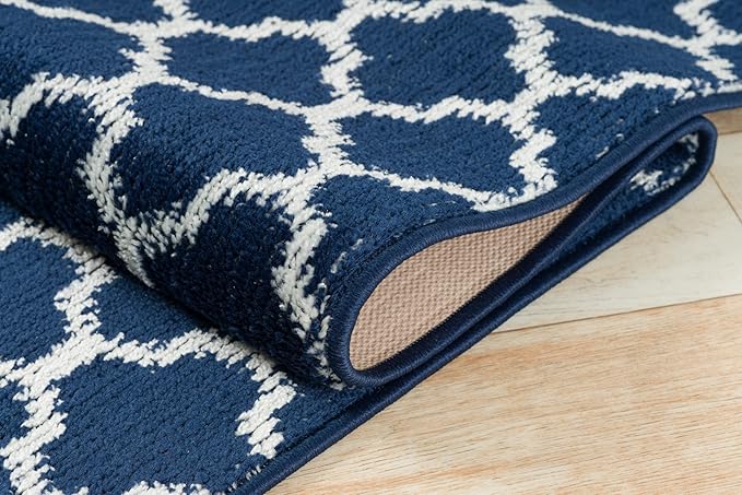 Custom Size Cut to Length Moroccan Trellis Design Runner Rug Mat For Wide Long Hallways with Non-Slip Rubber Backing, Better Traction for Pets, Prevent Slippage, Trellis Navy Blue, 31 inch X 15 feet