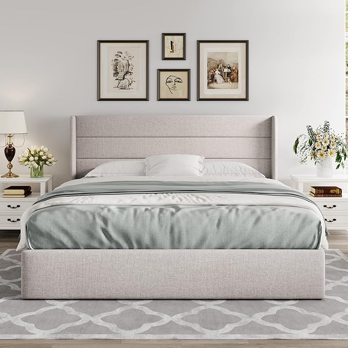 Allewie King Size Lift Up Storage Bed, Modern Wingback Headboard, Hydraulic Support, No Box Spring Needed, Light Beige