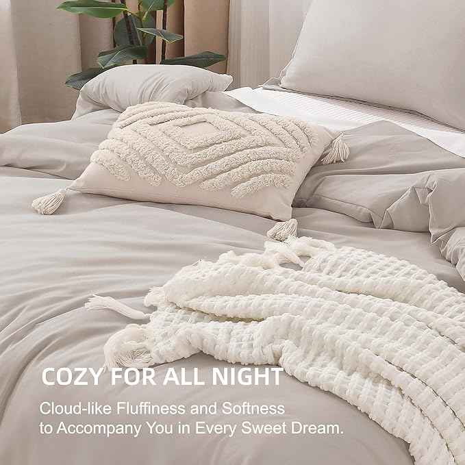 Litanika Linen Grey Comforter Set Queen Size, 3 Pieces Lightweight Solid Bedding Comforter Set, All Season Fluffy Bed Set (90x90In Comforter & 2 Pillowcases)
