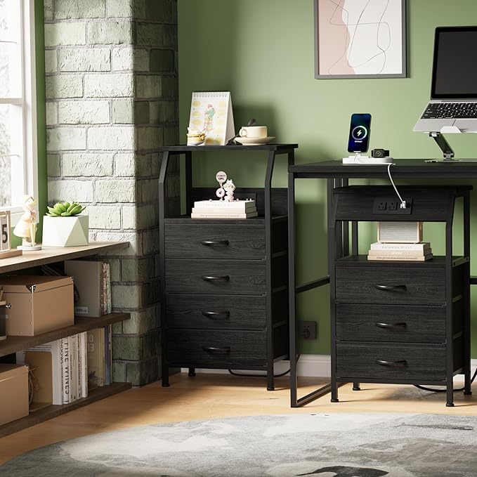 Furnulem Night Stand with Charging Station, 4 Drawer Dresser with Storage Shelf, 33.3 Inch Tall Side Table, Fabric End Table for Closet, Entryway, Bedside Furniture, 3 Ways to Use, Black Oak