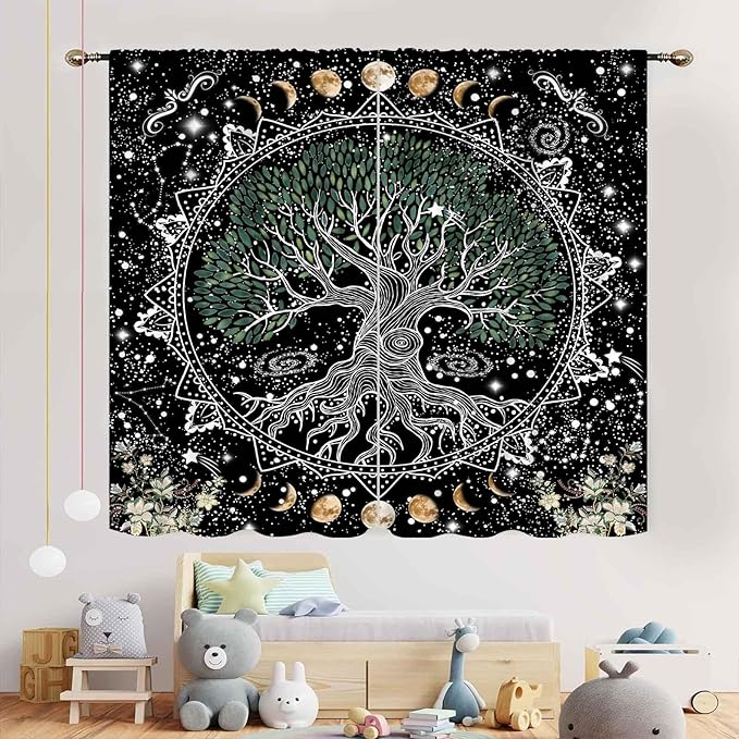 Life Tree Curtains, Hippie Sun Moon Trippy Tree of Life Bohemian Mandala Aesthetci Mystic Witchy Blackout Window Drapery Treatments for Bedroom Living Room Bathroom Decor, 55"x63" Inch