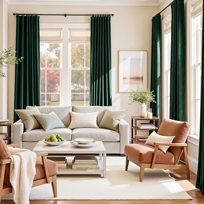Lazzzy Velvet Blackout Curtains Thermal Insulated Room Window Drapes Super Soft Luxury Curtains for Living Room Bedroom Rod Pocket 2 Panels, Emerald Green, 42" W x 120" L