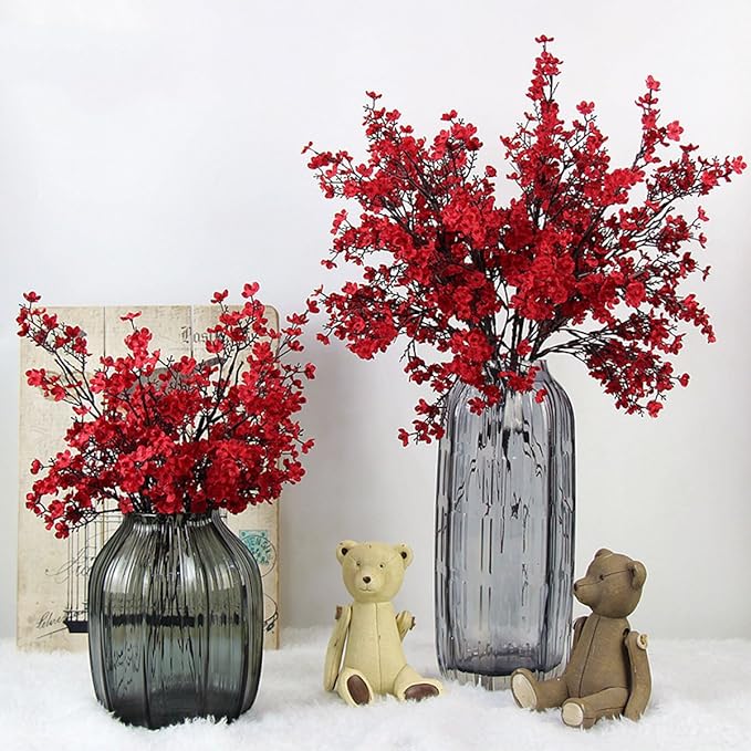 JAKY-Global Babys Breath Fabric Cloth Artificial Flowers 12 Bundle European Fake Silk Plants Decor Wedding Party Decoration Bouquets Real Touch DIY Home Garden (Red 12pcs)