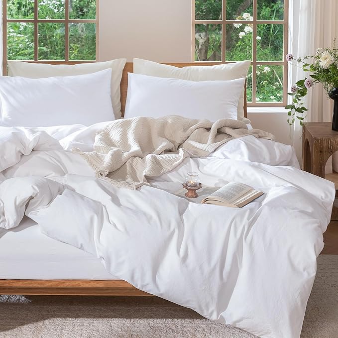 MooMee Bedding Duvet Cover Set 100% Washed Cotton Linen Like Textured Breathable Durable Soft Comfy (Solid Bright White, Oversized Queen 98"x98")