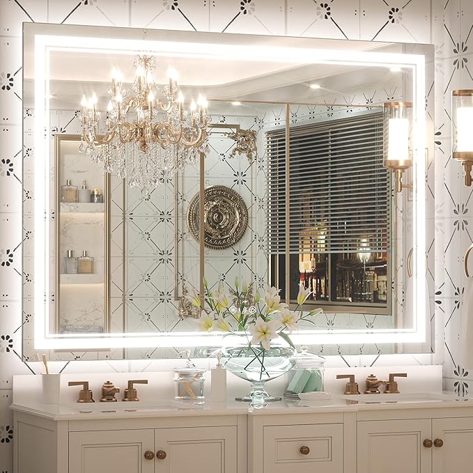 Keonjinn LED Bathroom Mirror 48 x 36 in with Backlit and Front Lights, Stepless 3 Colors Temperature & Dimmable Wall Mirror, UL Listed LED Driver, Tempered Glass Double Lighted Bathroom Vanity Mirror