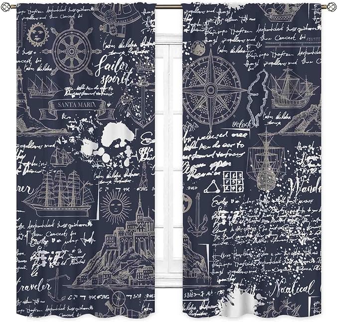 Vintage Nautical Curtains, Marine Coastal Sailboat Compass Anchor Ocean Beach Old Pirate Map Navy Blue Blackout Retro Drapes for Bedroom Living Room Kitchen Bathroom Window 2 Panels, 55"x63" Inch