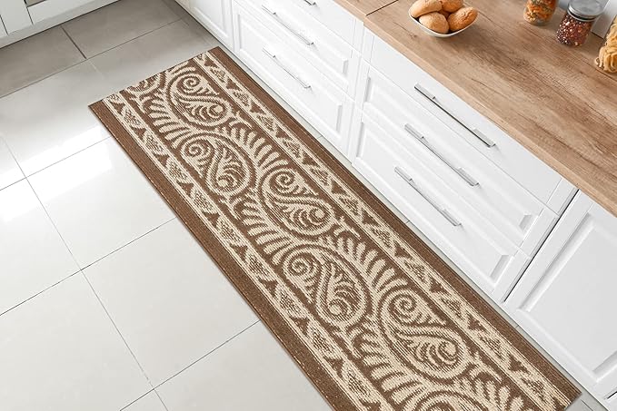 Custom Length Cut to Size Tribal Ethnic Southwestern Inspired Hallway Runner Rug, Non Slip Rubber Backed, 31 inch Wide X Customized Length, Mayan Brown, 31 inch X 6 feet
