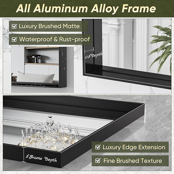 Suidia Bathroom Mirror, 55" x 36" Wall Mirror Metal Framed, Bathroom Vanity Mirror for Living Room Bedroom Bathroom Entryway, Black, Rect Corner Style
