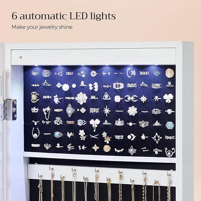 SONGMICS 6 LEDs Mirror Jewelry Cabinet, 47.2-Inch Tall Lockable Wall or Door Mounted Jewelry Armoire Organizer with Mirror, 2 Drawers, Christmas Gift, 3.9 x 14.6 x 47.2 Inches, White