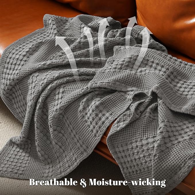 PHF 100% Cotton Waffle Weave Throw Blanket, Soft Lightweight Breathable Cozy Throws for Couch Bed Sofa, Luxury Aesthetic Woven Blanket for Home Decor & Office, 50"x60", Dark Grey
