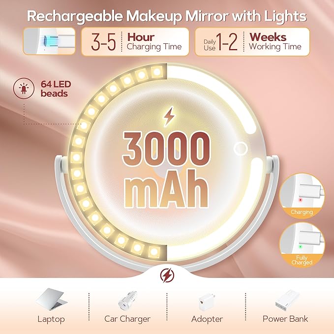 B Beauty Planet Makeup Mirror with Lights, Lighted Magnifying Mirror 30X with 3 Lighting and Adjustable Brightness, 2-Sided Height Adjustable Vanity Mirror for Bathroom, Gifts for Women White