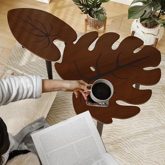 BAMEOS Monstera Leaf Nesting Tables Set of 2, Small Coffee Table Set with Leaf Vein Pattern, Modern Wooden Side Tables for Living Room Bedroom Apartment Balcony Yard